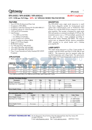 SPS-4102G datasheet - 3.3V / 1310 nm / 8.5 Gbps SFP LC SINGLE-MODE TRANSCEIVER