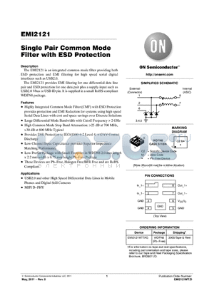 EMI2121 datasheet - Single Pair Common Mode Filter with ESD Protection