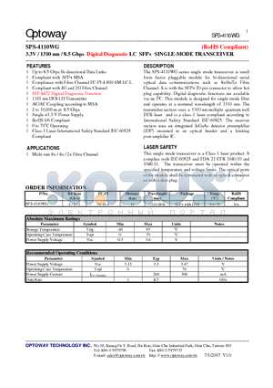 SPS-4110WG datasheet - 3.3V / 1310 nm / 8.5 Gbps Digital Diagnostic LC SFP SINGLE-MODE TRANSCEIVER