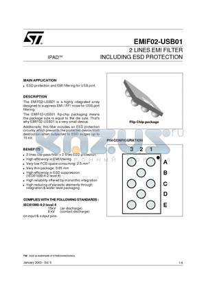 EMIF02-USB01 datasheet - 2 LINES EMI FILTER INCLUDING ESD PROTECTION