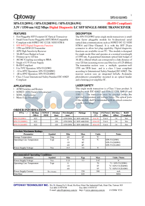SPS-53120WG_08 datasheet - 3.3V / 1550 nm / 622 Mbps Digital Diagnostic LC SFP SINGLE-MODE TRANSCEIVER