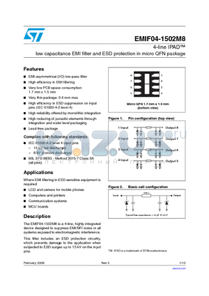 EMIF04-1502M8 datasheet - 4-line IPAD low capacitance EMI filter and ESD protection in micro QFN package