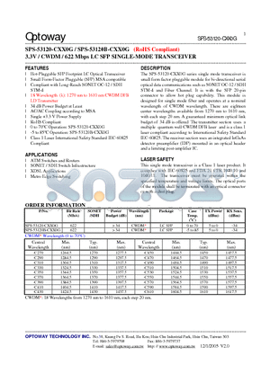 SPS-53120-CXX0G datasheet - 3.3V / CWDM / 622 Mbps LC SFP SINGLE-MODE TRANSCEIVER