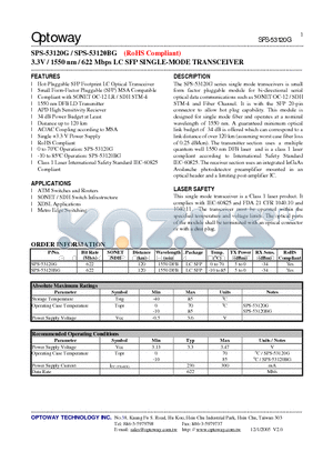 SPS-53120BG datasheet - 3.3V / 1550 nm / 622 Mbps LC SFP SINGLE-MODE TRANSCEIVER