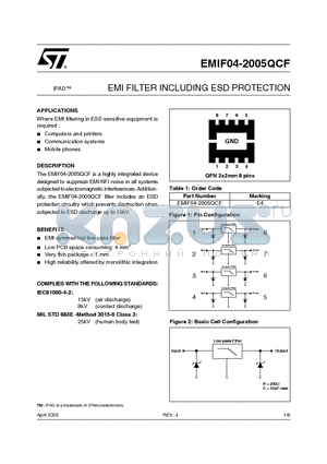 EMIF04-2005QCF datasheet - EMI FILTER INCLUDING ESD PROTECTION