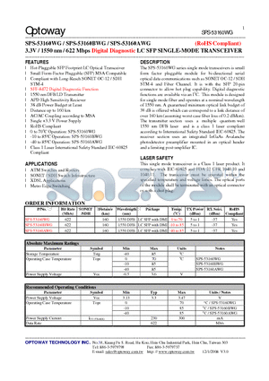 SPS-53160WG datasheet - 3.3V / 1550 nm / 622 Mbps Digital Diagnostic LC SFP SINGLE-MODE TRANSCEIVER