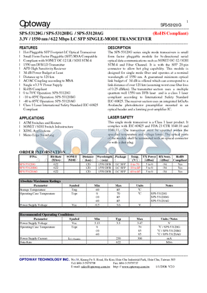 SPS-53120BG datasheet - 3.3V / 1550 nm / 622 Mbps LC SFP SINGLE-MODE TRANSCEIVER