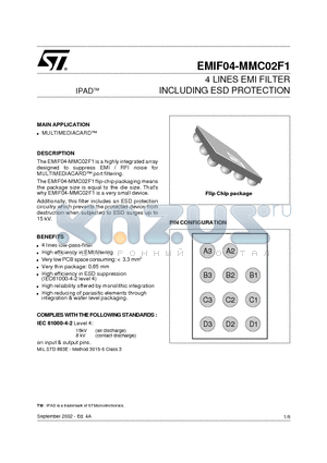 EMIF04-MMC02F1 datasheet - 4 LINES EMI FILTER INCLUDING ESD PROTECTION