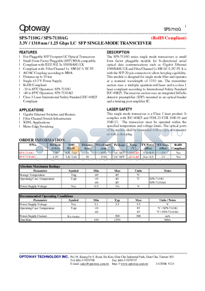 SPS-7110G_08 datasheet - 3.3V / 1310 nm / 1.25 Gbps LC SFP SINGLE-MODE TRANSCEIVER