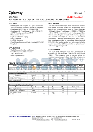 SPS-7111G datasheet - 3.3V / 1310 nm / 1.25 Gbps LC SFP SINGLE-MODE TRANSCEIVER