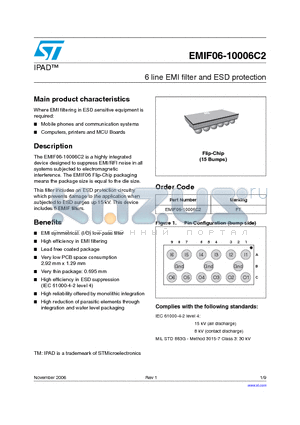 EMIF06-10006C2 datasheet - 6 line EMI filter and ESD protection