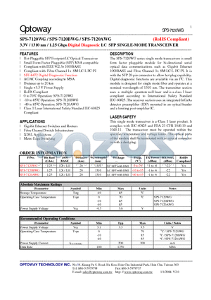 SPS-7120BWG datasheet - 3.3V / 1310 nm / 1.25 Gbps Digital Diagnostic LC SFP SINGLE-MODE TRANSCEIVER