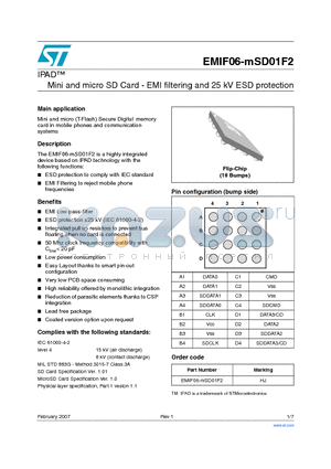 EMIF06-MSD01F2 datasheet - IPAD Mini and micro SD Card - EMI filtering and 25 kV ESD protection