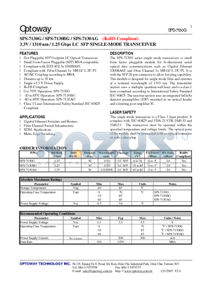 SPS-7130G datasheet - 3.3V / 1310 nm / 1.25 Gbps LC SFP SINGLE-MODE TRANSCEIVER