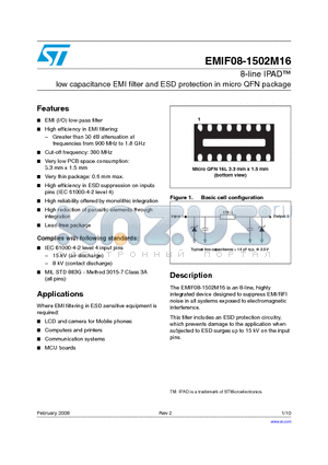 EMIF08-1502M16 datasheet - 8-line IPAD low capacitance EMI filter and ESD protection in micro QFN package