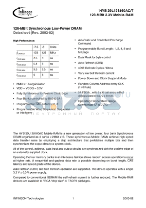 HYB39L128160AT datasheet - 128-MBIT SYNCHRONOUS LOW-POWER DRAM