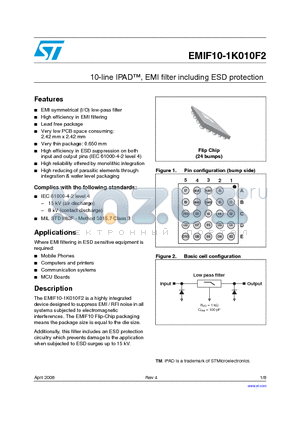 EMIF10-1K010F2 datasheet - 10-line IPAD, EMI filter including ESD protection