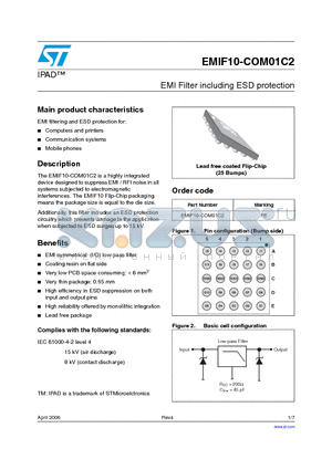EMIF10-COM01C2 datasheet - EMI Filter including ESD protection