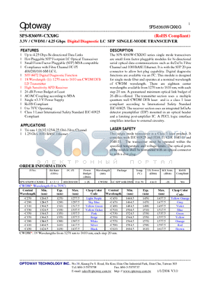 SPS-8360W-CXX0G datasheet - 3.3V / CWDM/ 4.25 Gbps Digital Diagnostic LC SFP SINGLE-MODE TRANSCEIVER