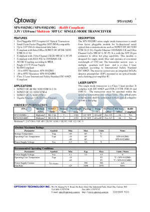 SPS-9102MG datasheet - 3.3V / 1310 nm / Multirate SFP LC SINGLE-MODE TRANSCEIVER