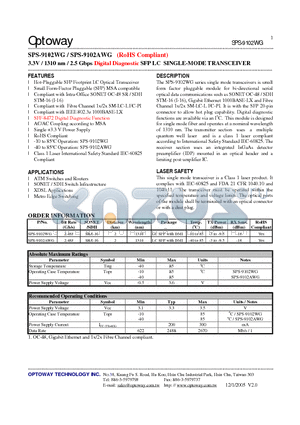 SPS-9102WG datasheet - 3.3V / 1310 nm / 2.5 Gbps Digital Diagnostic SFP LC SINGLE-MODE TRANSCEIVER