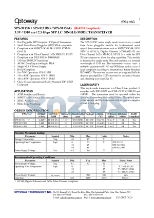 SPS-9115AG datasheet - 3.3V / 1310 nm / 2.5 Gbps SFP LC SINGLE-MODE TRANSCEIVER