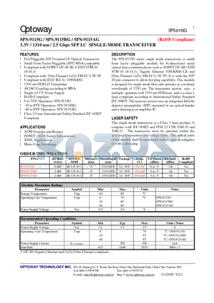 SPS-9115BG datasheet - 3.3V / 1310 nm / 2.5 Gbps SFP LC SINGLE-MODE TRANSCEIVER