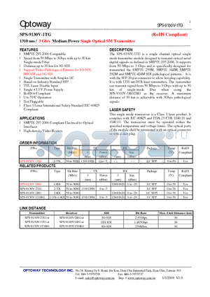 SPS-9130V-1T1RG datasheet - 1310 nm / 3 Gb/s Medium Power Single Optical SMTransmitter