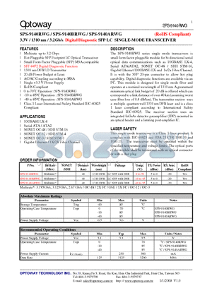 SPS-9140BRWG datasheet - 3.3V / 1310 nm / 3.2Gb/s Digital Diagnostic SFP LC SINGLE-MODE TRANSCEIVER