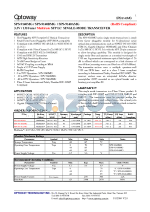 SPS-9140MG_08 datasheet - 3.3V / 1310 nm / Multirate SFP LC SINGLE-MODE TRANSCEIVER