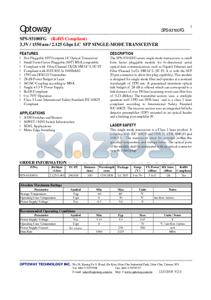 SPS-93100FG datasheet - 3.3V / 1550 nm / 2.125 Gbps LC SFP SINGLE-MODE TRANSCEIVER