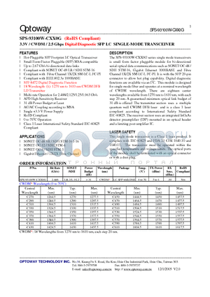 SPS-93100W-CXX0G datasheet - 3.3V / CWDM / 2.5 Gbps Digital Diagnostic SFP LC SINGLE-MODE TRANSCEIVER