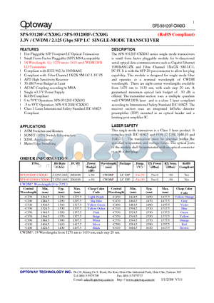 SPS-93120BF-CXX0G datasheet - 3.3V / CWDM / 2.125 Gbps SFP LC SINGLE-MODE TRANSCEIVER