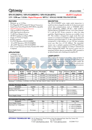 SPS-93120BRWG datasheet - 3.3V / 1550 nm / 3.2Gb/s Digital Diagnostic SFP LC SINGLE-MODE TRANSCEIVER