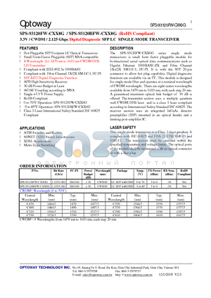SPS-93120FW-CXX0G datasheet - 3.3V / CWDM / 2.125 Gbps Digital Diagnostic SFP LC SINGLE-MODE TRANSCEIVER