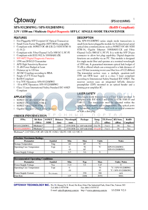 SPS-93120MWG datasheet - 3.3V / 1550 nm /Multirate Digital Diagnostic SFP LC SINGLE-MODE TRANSCEIVER