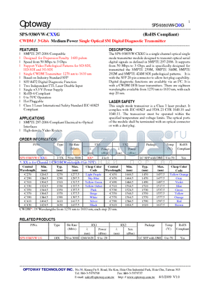 SPS-9380VW-1G datasheet - CWDM / 3 Gb/s Medium Power Single Optical SM Digital Diagnostic Transmitter