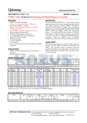 SPS-9380VW-2RG datasheet - CWDM / 3 Gb/s Medium Power Dual Optical SMDigital Diagnostic Transmitter