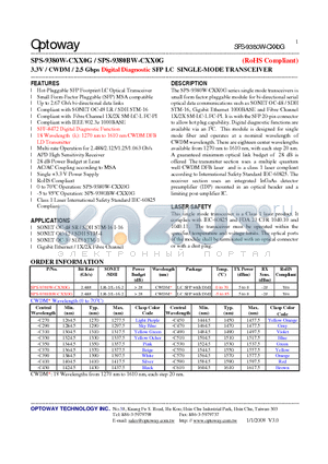 SPS-9380W-CXX0G datasheet - 3.3V / CWDM/ 2.5 Gbps Digital Diagnostic SFP LC SINGLE-MODE TRANSCEIVER