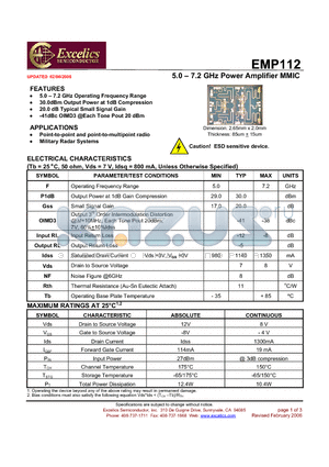 EMP112 datasheet - 5.0 - 7.2 GHz Power Amplifier MMIC