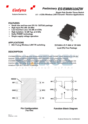 EMM5328ZW datasheet - Single Pole Double Throw Switch 0.1 - 6 GHz Wireless LAN Transmit / Receive Applications