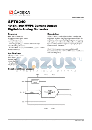 SPT5240 datasheet - 10-bit, 400 MWPS Current Output Digital-to-Analog Converter