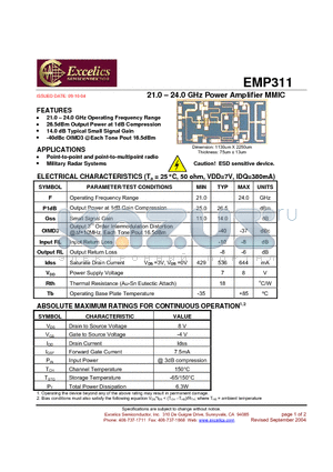 EMP311 datasheet - 21.0 - 24.0 GHz Power Amplifier MMIC