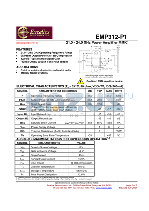 EMP312-P1 datasheet - 21.0 - 24.0 GHz Power Amplifier MMIC