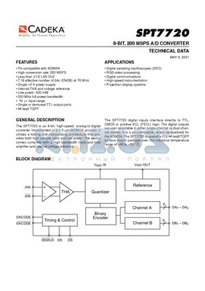 SPT7720SIT datasheet - 8-BIT, 200 MSPS A/D CONVERTER