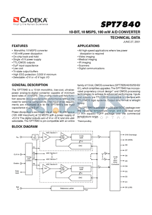 SPT7840SCT datasheet - 10-BIT, 10 MSPS, 100 mW A/D CONVERTER