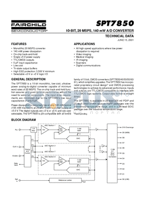 SPT7850 datasheet - 10-BIT, 20 MSPS, 140 mW A/D CONVERTER