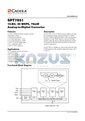 SPT7851 datasheet - 10-Bit, 20 MSPS, 79mW Analog-to-DIgital Converter