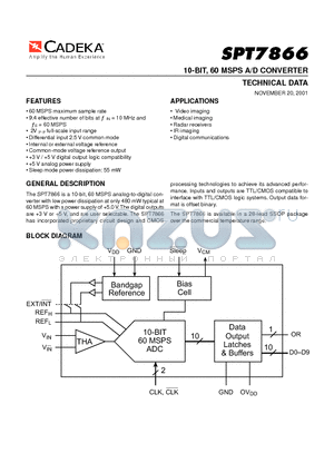 SPT7866 datasheet - 10-BIT, 60 MSPS A/D CONVERTER