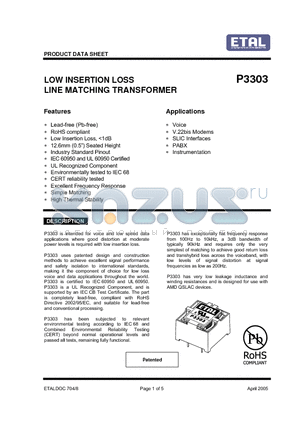 P3303 datasheet - LOW INSERTION LOSS LINE MATCHING TRANSFORMER